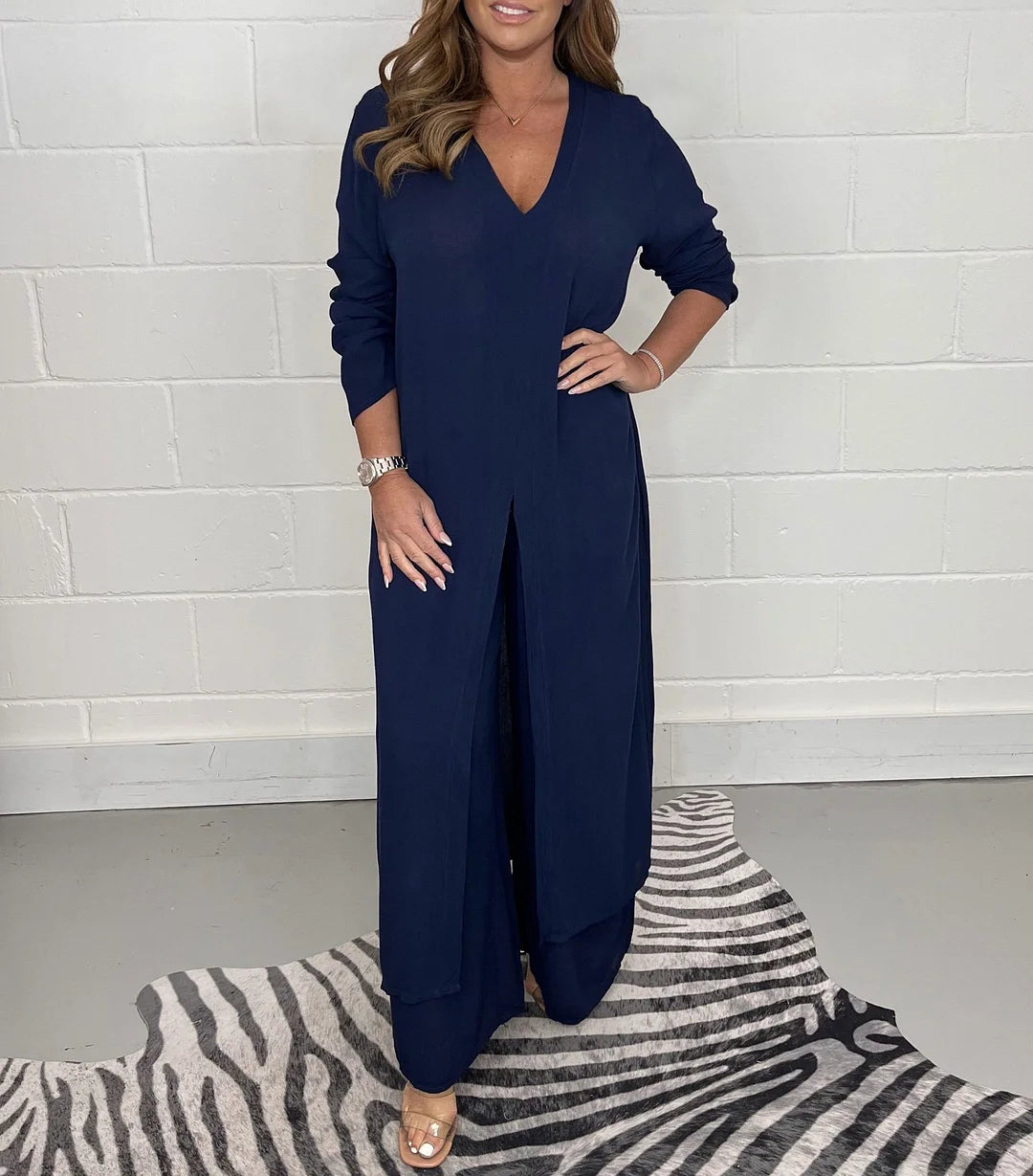 Casual 2 Piece Set with Long Top and Matching Pants